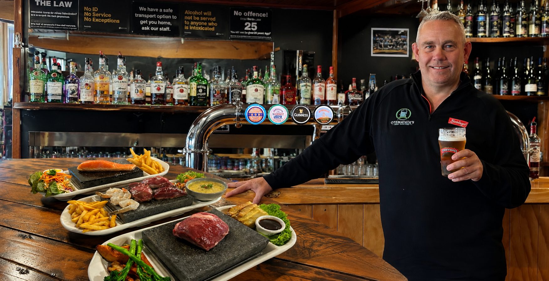 Behind the bar at Otematata's Best Dam Pub, a freshly poured pint in hand