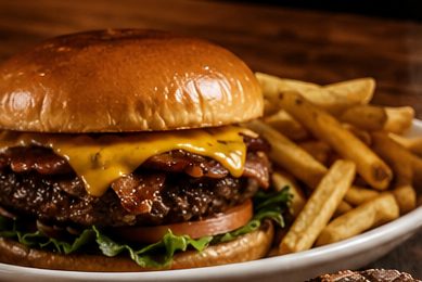 Cheeseburger with bacon and a bowl of fries