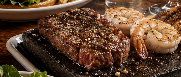 Steak and prawns sizzling on a hot volcanic stone